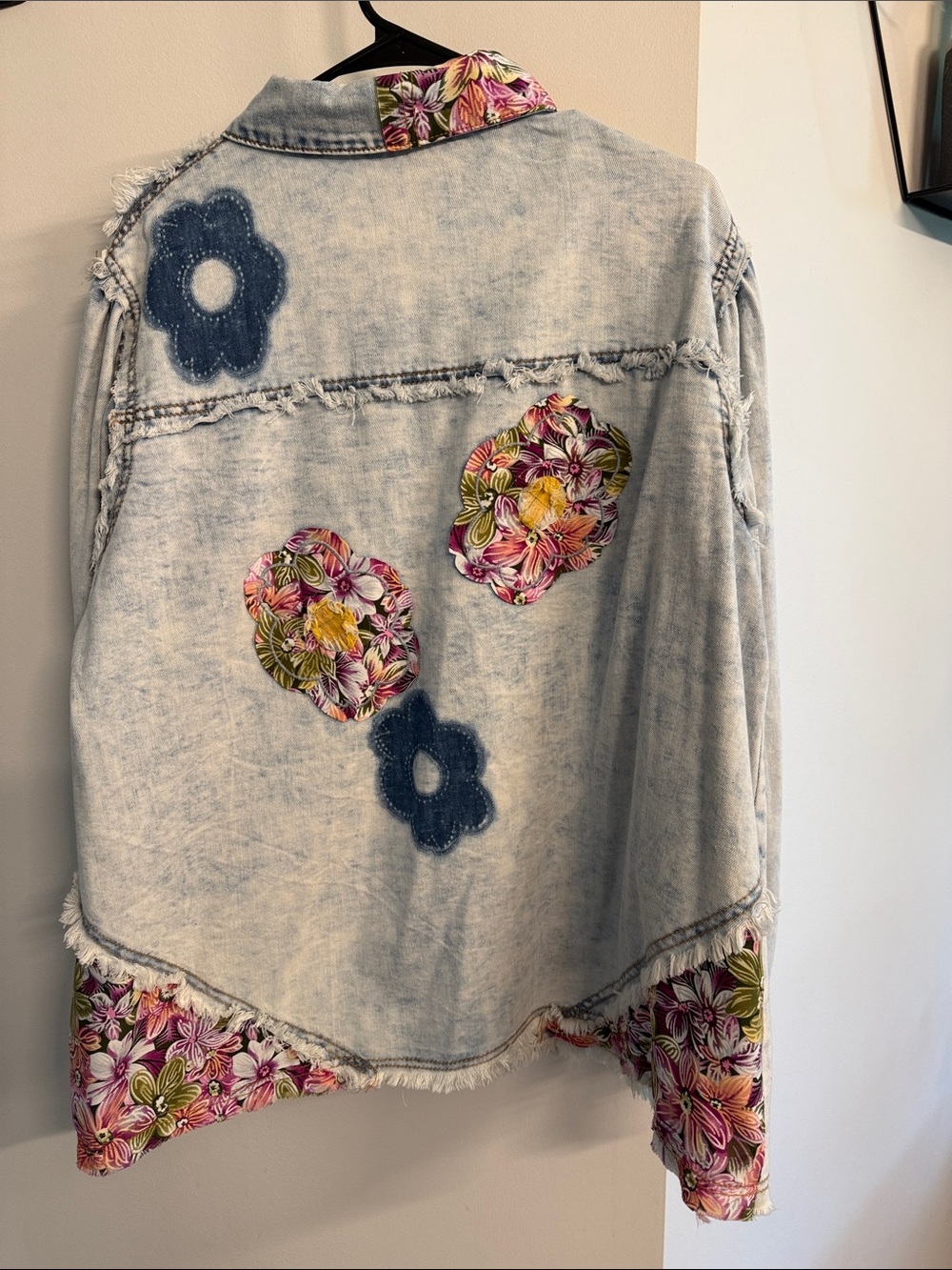 POL Light Blue Acid-Wash Denim Jacket with Pink Floral Patches - Picture 9 of 9